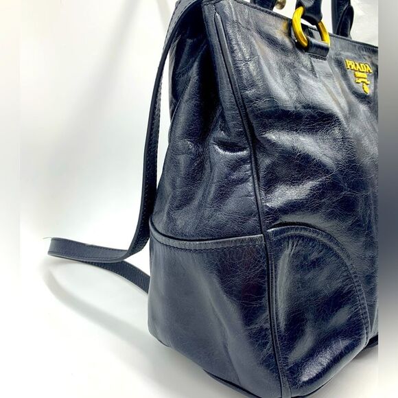 Prada Navy Blue Vitello Shine Medium 2way Shopping Tote Bag Preloved Purse - Picture 5 of 16